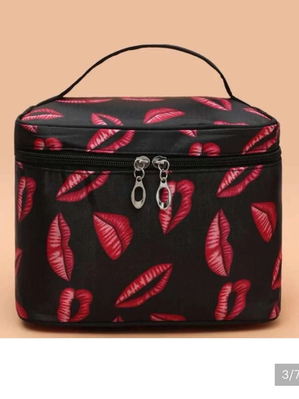 Black Cosmetic Train Case with Pink Lip Print - Women Bags